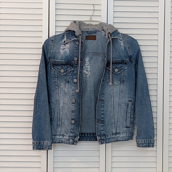 Asos Distressed Denim Jacket with Hood - Picture 1 of 7